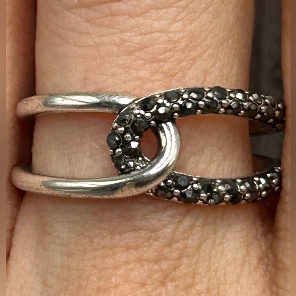 NEW Black Marcasite Crystal & Silver Interlocking Ring